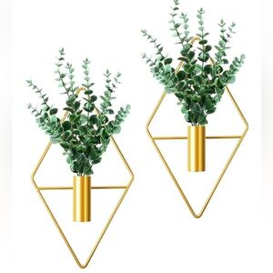 Gold Tone Geometric Modern Wall Planter Set Metal Hanging Vase 2Pc Wall Decor